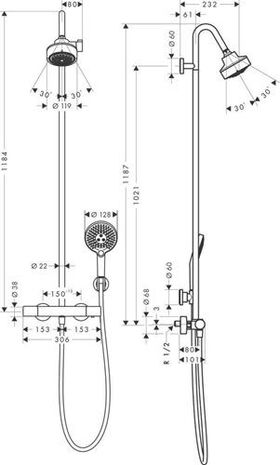 HG Showerpipe AXOR CITTERIO M DN 15 m Therm. u 3jet Kopfbr pol. go opt