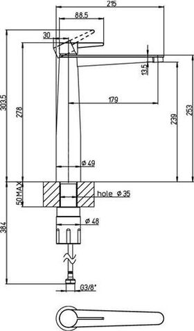 VB Einhebel-WT-Arm. erhöht Conum 49x278 x215mm m Push-Open-Ablaufgarnitur Chrom