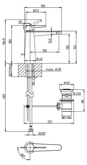 VB Einhebel-WT-Armatur Conum 49x169x165 mm m Zugstangen- Ablaufgarnitur Chrom