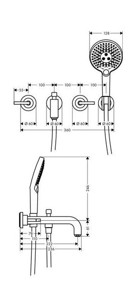 3-Loch-Wannenarmatur AXOR CITTERIO DN 15 UP m Ros. m Hebelgr. bru bl chrome