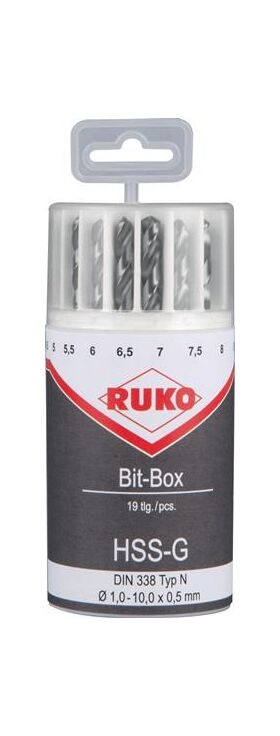 Spiralbohrersatz DIN 338 D.1-10x0,5mm HSS 19tlg.Ku.-Box RUKO